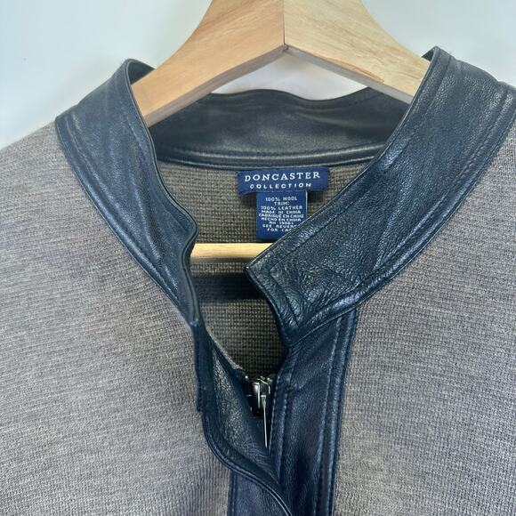 Doncaster Collection Wool And Leather Trim Open Cardigan Brown Sweater Womens XL - Picture 6 of 16